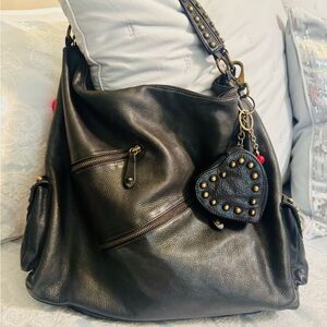 Betsey Johnson Vintage Black Hobo Bag with Heart Charm All Leather
